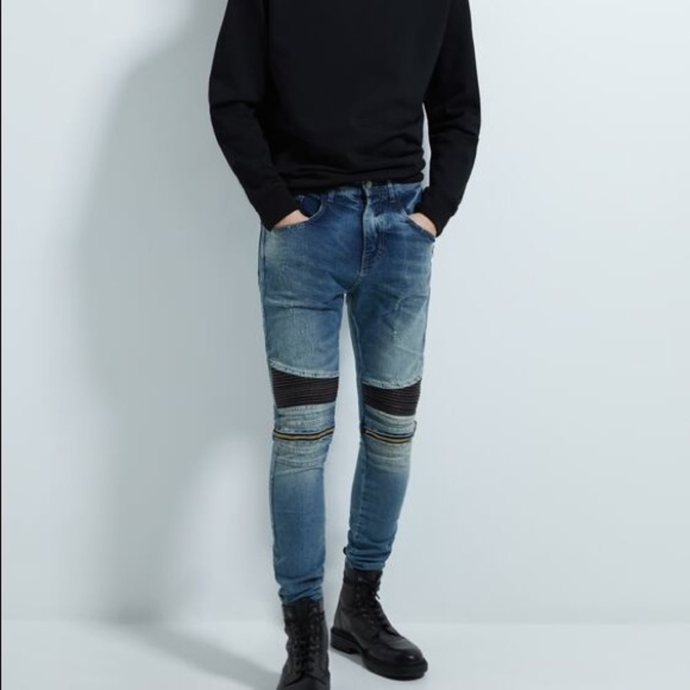 Zara Man Padded Leather Knees Moto Jeans w/Zippers - Picture 3 of 6